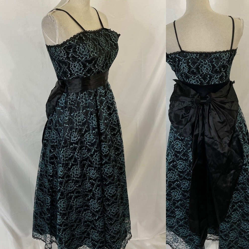 Gunne Sax by Jessica McClintock Black Floral Lace Gown Bow Small XS